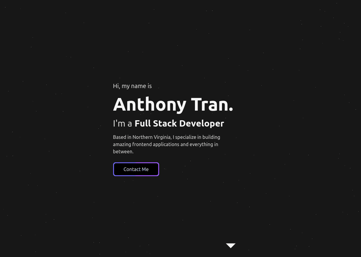 The first portfolio's hero: my name and role in white text over a dark starfield.
