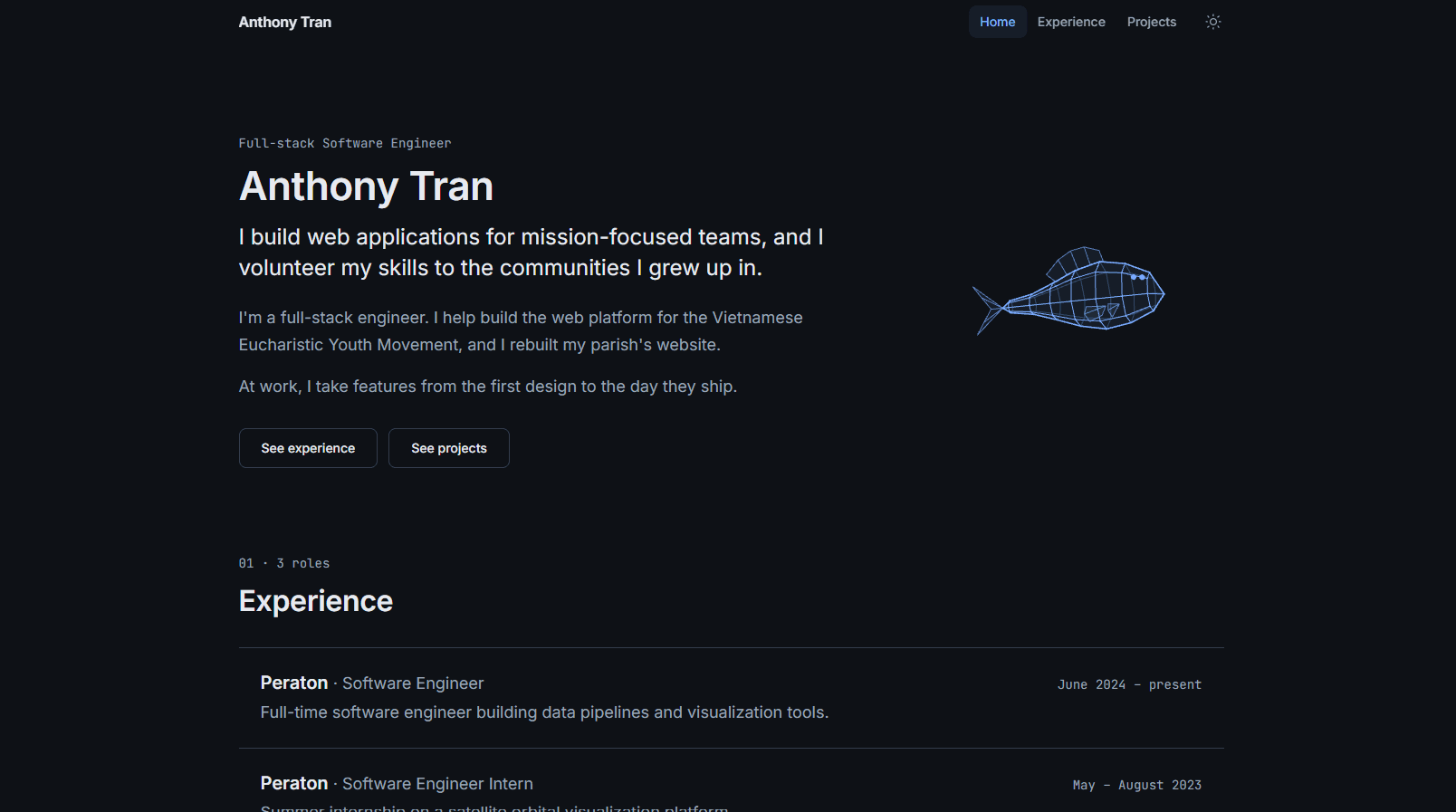 The v2 home page in the dark theme: my name and title beside a blue wireframe fish, with the Experience section below.