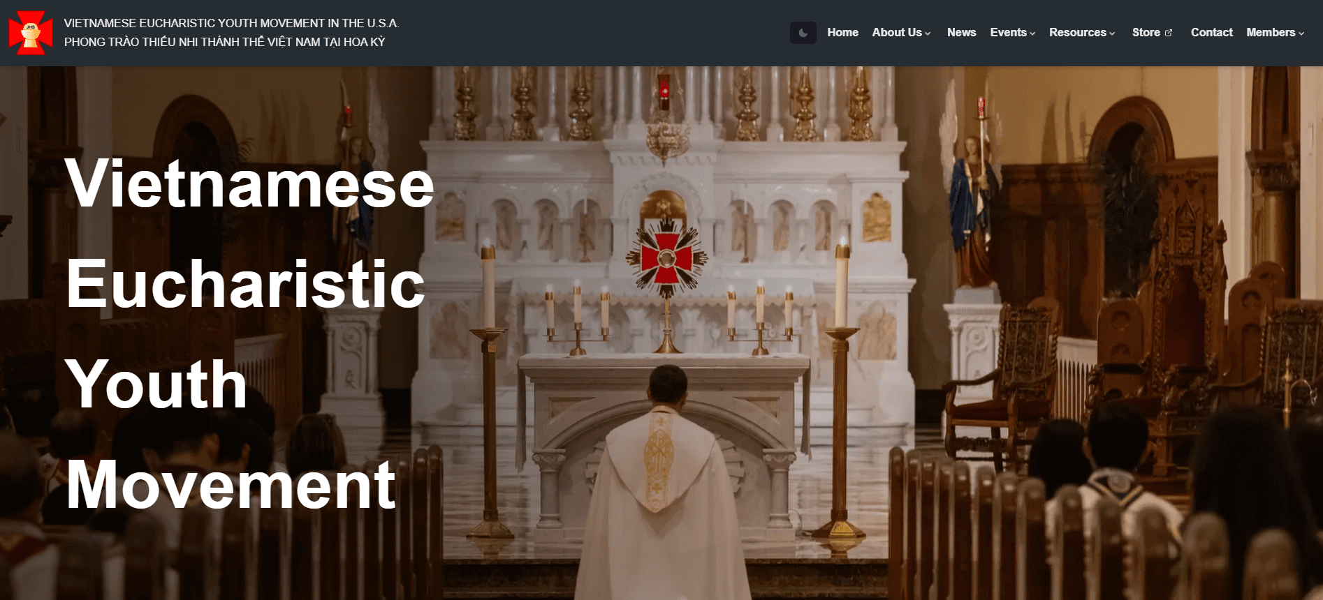 The VEYM home page: a priest kneeling before an altar, with the movement's name over the photo.