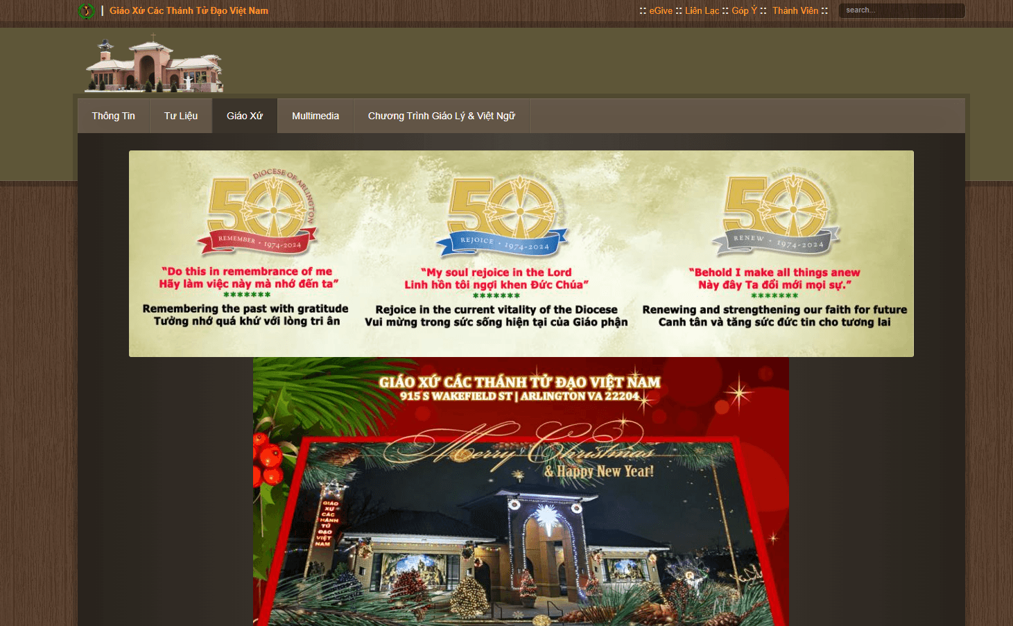 The old parish website: a brown textured page with a Vietnamese menu and holiday banners.